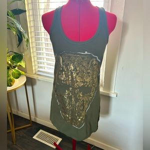 Andrew Charles long olive green/gold skull tank, size small